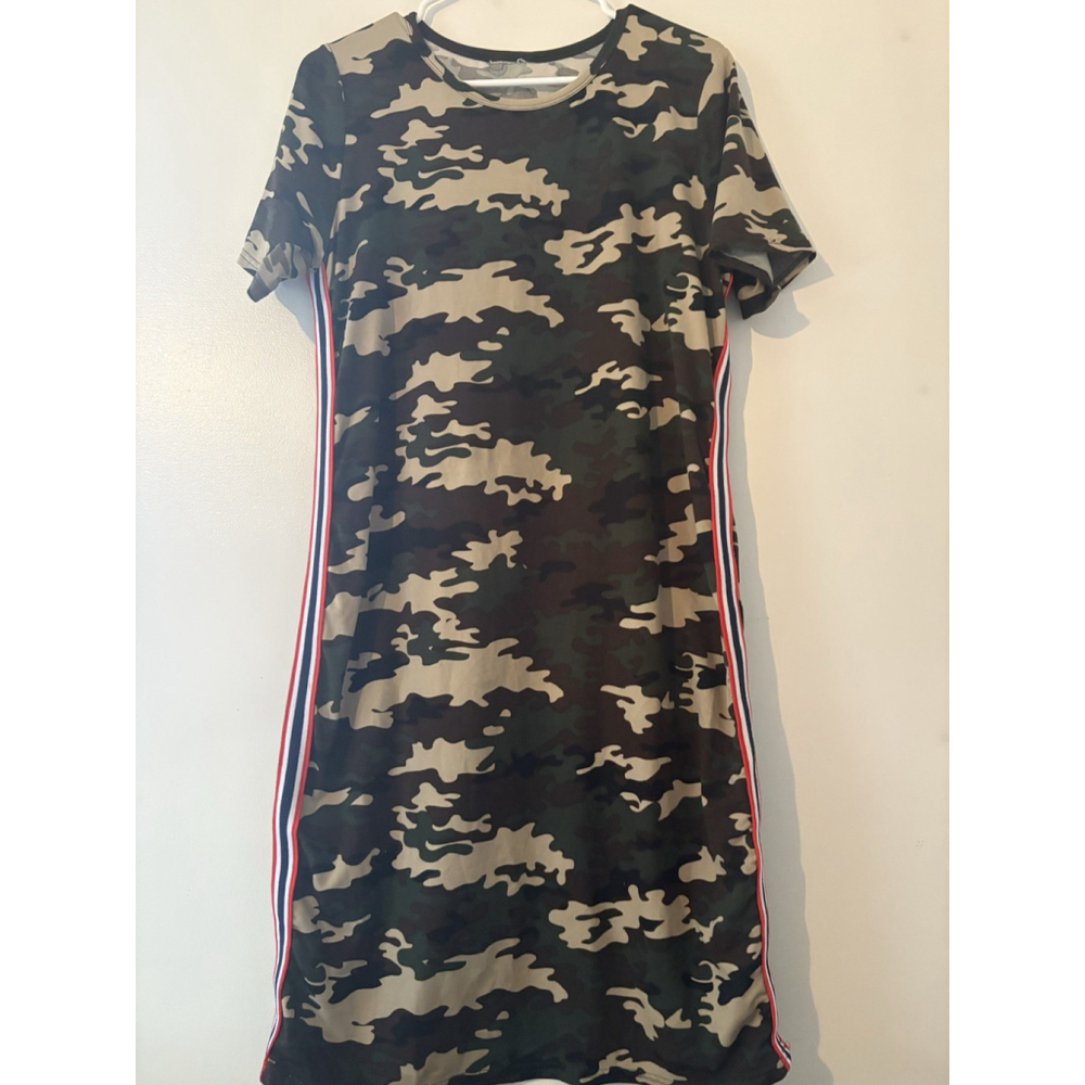 Camouflage Racing Stripes Jersey T-Shirt Dress Short Sleeve Knee Length